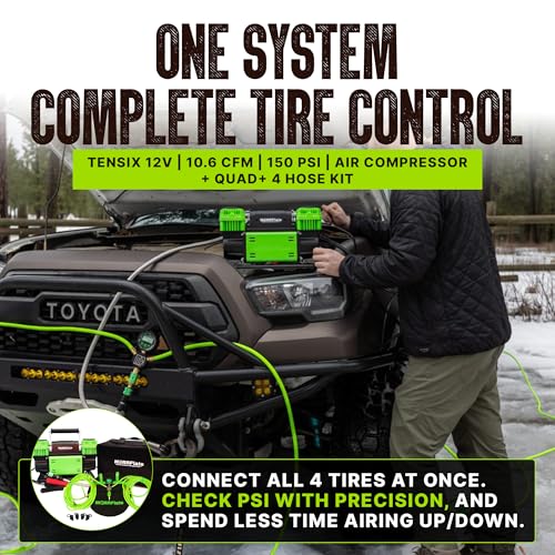 TenSix 12V 150 PSI Portable Dual Cylinder Air Compressor 10.6 CFM + Quad+ 4 Tire Inflation & Deflation Hose Kit - Fits Up to 155" Wheelbase Digital Gauge - Complete Offroad Air Up & Down System - size: 10.6 CFM Compressor with 155 Inch Hose Kit