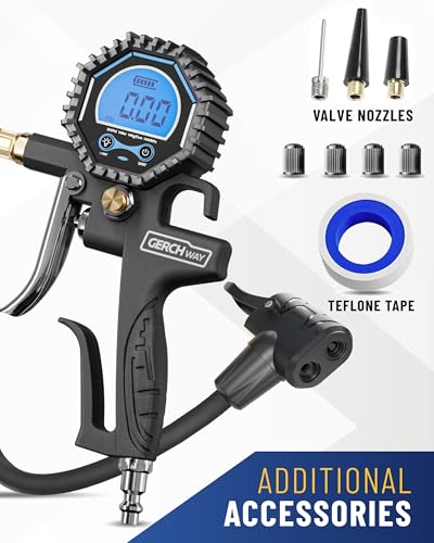 Presta Valve Adaptor with Pressure Gauge and Inflator for Air Compressor | 3-200 PSI, ±1% Accuracy, Longer Hose, Digital, Schrader to Presta Valve Air Chuck