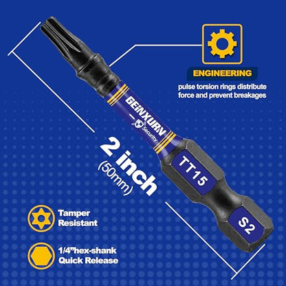 Geinxurn 2 In. Security T15 Impact Magnetic Screwdriver Bit Set, 51 Pieces #15 Torx Head Power Bit Set, S2 Alloy Steel Hollow Star Bit Set with 1 Pcs Impact Bit Holder - size: 2"-51PCS, style: TT15