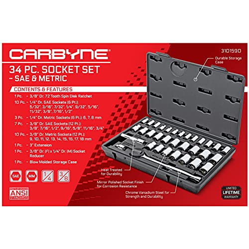 Carbyne 34-Piece 1/4 and 3/8 in. Drive Socket and Ratchet Set, SAE and Metric, CrV Steel, 72-Tooth Ratchets, 6 and 12 Point Sockets, Compact Storage Case