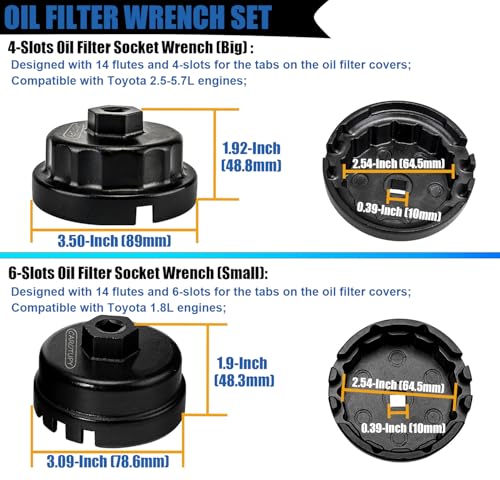 2PCS Oil Filter Wrench Set, Oil Filter Remover Tool 64.5mm 14 Flute Oil Filter Socket Set For Toyota Tacoma 4Runner Camry Tundra RAV4 Lexus ES300h and More