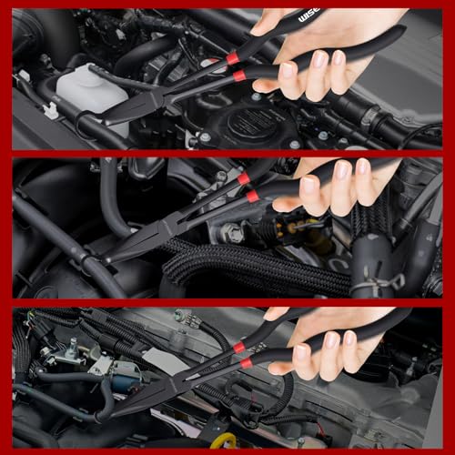 WISEUP 3-Piece 11" Long Reach Hose Grip Pliers Set, 5/16-Inch, 1/2-Inch, 3/4-Inch Dia O-shape nose plier for Easy Removal and Installation of Automotive Hoses and Fitting