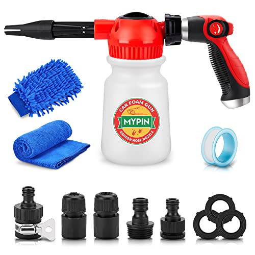 MYPIN New Rotary Dial 16 in 1 Car Wash Foam Gun, Foam Cannon, Adjustable Hose Wash Sprayer with 2.5-6 Bars Foam Blaster, with Nozzles, Wash Mitten &Towel, with 1/2” Quick Connector for Car Cleaning - color: Red