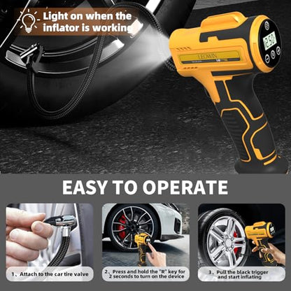 Tire Inflator Portable Air Compressor, Cordless Handheld Air Pump with Digital Tire Pressure Gauge/LED Light，Tire Pump with Rechargeable Battery, for Cars, Motorcycles, Bikes, Ball