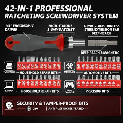 42-in-1 Ratcheting Screwdriver Set,1/4"Drive with 40 CRV Bits | With 60mm extension bar for home maintenance,bike repair & assembly jobs - color: 42pcs Ratchet Screwdriver Set
