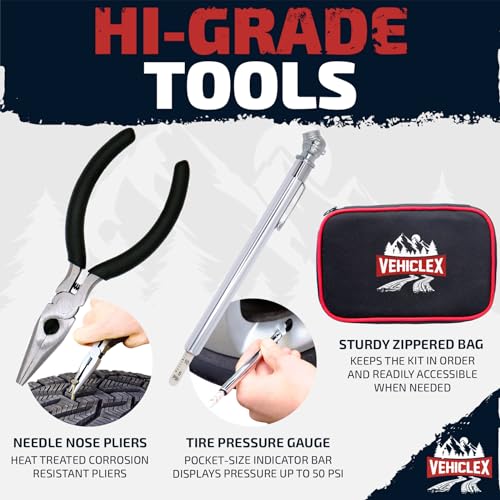 Vehiclex Tire Repair Kit for Plug and Patch with Aluminum Handled Tools - Emergency Kit with Pliers in Zippered Bag for Car, Motorcycle, ATV, Tractor, Lawn Mower - size: Compact + pliers
