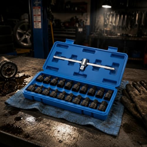 21 Pieces Oil Drain Plug Socket Wrench Kit Black Phosphated Finish Oil Drain Plug Socket Kit Long T-Handle for Garage