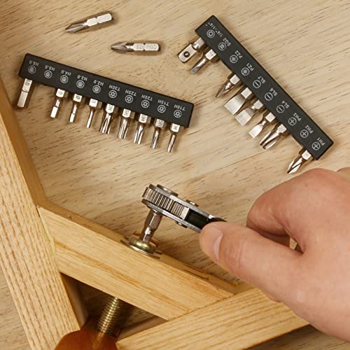 STREBITO Mini Ratchet Set, 22-Piece 1/4 Ratchet Right Angle Screwdriver | 36-Tooth Small Ratcheting Wrench Bit Ratchet For Tight Spaces, with Phillips, Torx, Hex, Square and Adapter for Socket - color: 22 in 1