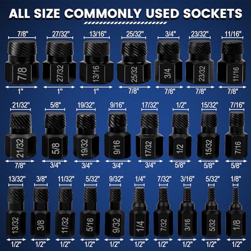 25 Pcs Screw Extractor Set, Hex Head Multi-Spline Easy Out Bolt Extractor Kit for Stripped Screw Removal, 1/8" to 7/8" in 1/32" Increments, CR-MO