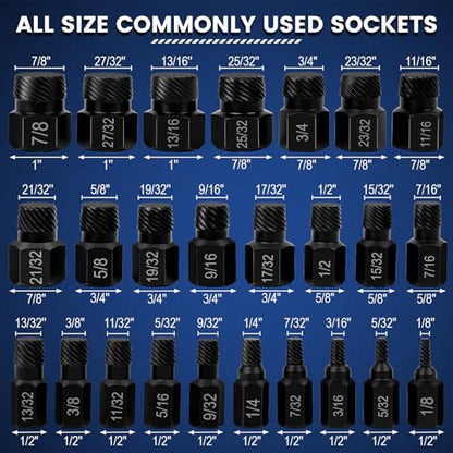 25 Pcs Screw Extractor Set, Hex Head Multi-Spline Easy Out Bolt Extractor Kit for Stripped Screw Removal, 1/8" to 7/8" in 1/32" Increments, CR-MO