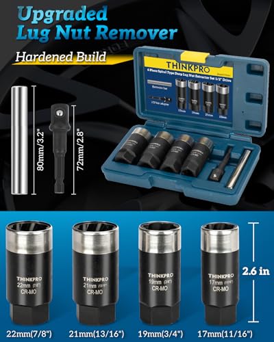 Locking Lug Nut Removal Tool 6 Pieces Deep Lug Nut Extractor Set | Stripped Lug Nut Remover, 1/2" Drive, 17/19/21/22MM, Wheel Lock Removal Kit, For Broken Bolts and Nuts