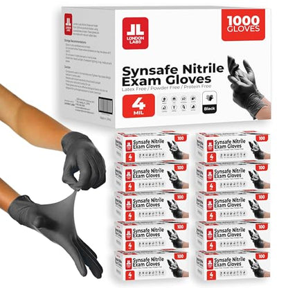 London Labs Synsafe 4 Mil -Black Nitrile Exam Gloves –Disposable Latex Free & Powder Free – Extra Strong, Rubber Gloves – First Aid Kit, Medical, EMT, Cleaning, Cooking | Bulk Case of (1000 ct) - size: Large, style: 1000 Count