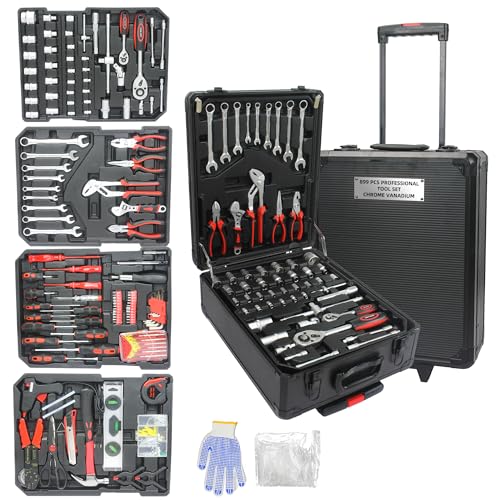 Campfun 899 Piece Tool Set Household Hand Tool Set Basic Tool Set, Complete Tool Box Set House Tool Kit Set, Home Tool Set Rolling Tool Box with Tools, Repair Tool Kit Toolbox Storage Organizer - color: Black-01