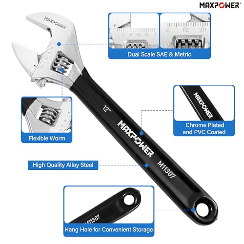 MAXPOWER Adjustable Wrench Set, 4-Piece Adjustable Wrenches 6-inch, 8-inch, 10-inch and 12-inch, Metric & SAE Scales, Extra-Wide Jaw and Soft Girp Wrench Set