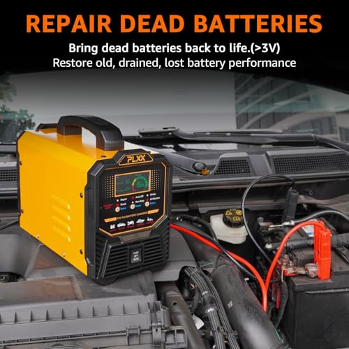 PLXX 12V 24V Car Battery Charger Heavy Duty 0-15A Automatic Smart Trickle Charger with Auto Shutoffs, Repair, Winter Mode, for Automotive Car Truck Motorcycle Lawn Mower Boat Marine AGM