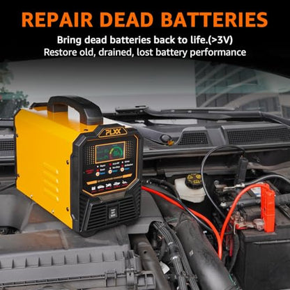 PLXX 12V 24V Car Battery Charger Heavy Duty 0-15A Automatic Smart Trickle Charger with Auto Shutoffs, Repair, Winter Mode, for Automotive Car Truck Motorcycle Lawn Mower Boat Marine AGM