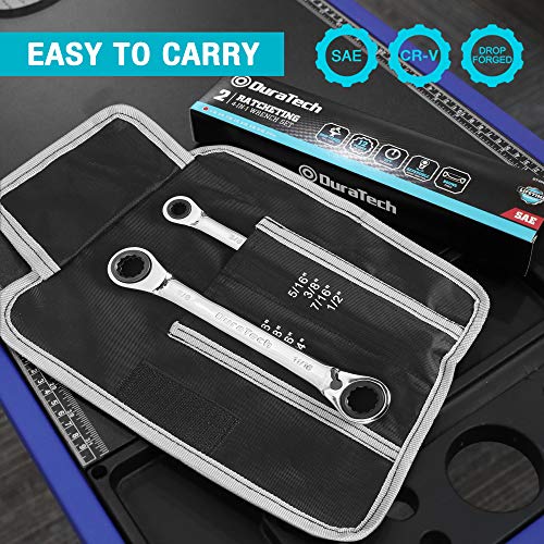 DURATECH 4-in-1 Reversible Ratcheting Box Wrench Set, SAE, 2-Piece | Double Box End, 5/16, 3/8, 7/16, 1/2-INCH & 9/16, 5/8, 11/16, 3/4-INCH, CR-V Steel, Matte Chrome Plated, Rolling Pouch - style: Regular & SAE