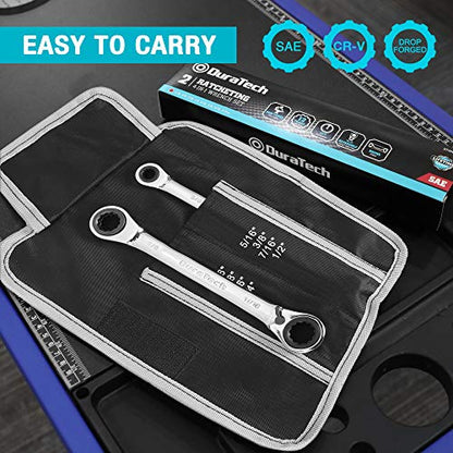 DURATECH 4-in-1 Reversible Ratcheting Box Wrench Set, SAE, 2-Piece | Double Box End, 5/16, 3/8, 7/16, 1/2-INCH & 9/16, 5/8, 11/16, 3/4-INCH, CR-V Steel, Matte Chrome Plated, Rolling Pouch - style: Regular & SAE
