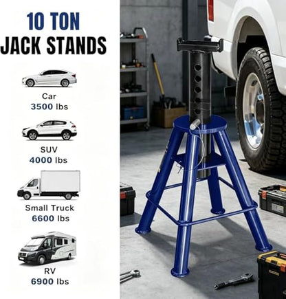 TCE 10 Ton (20000 lb) Capacity Heavy Duty Steel Car Jack Stands, Lifting Range from 18.9" to 29.9" for Trucks & Equipment, 2 Pack, Blue