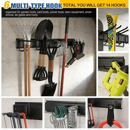 49.5'' Garage Tool Organizer Wall Mount Load 520Lbs with Heavy Duty 14Hooks | 520lbs Heavy Duty Garden Tool Organizer, Garage Wall Organizer for Garden Tool Yard Tool Shovel Rake Broom Ladder - size: 49.5''-17Pack