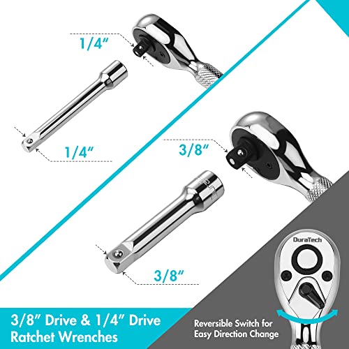 DURATECH Stubby Ratchet Set, 1/4-Inch and 3/8-Inch Ratchets with 2 Extension Bars, 4-piece, 72-T Reversible Quick-Release Head, Chrome Plated Finish and Full Polish - style: 1/4" & 3/8" Single Head Ratchets + Extension Bars