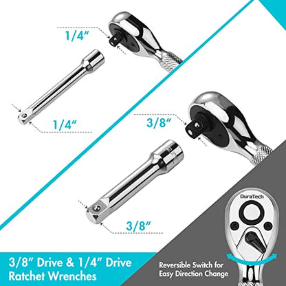 DURATECH Stubby Ratchet Set, 1/4-Inch and 3/8-Inch Ratchets with 2 Extension Bars, 4-piece, 72-T Reversible Quick-Release Head, Chrome Plated Finish and Full Polish - style: 1/4" & 3/8" Single Head Ratchets + Extension Bars