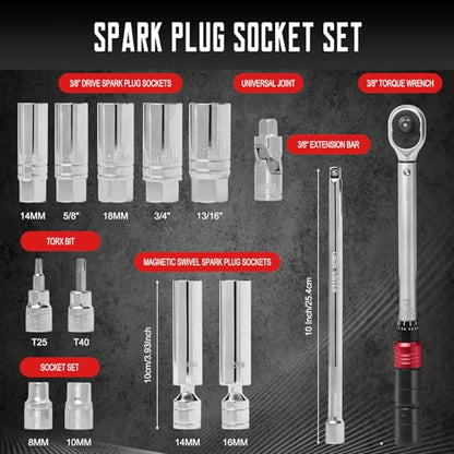 WIILDIS 14 PCS 3/8 Inch Drive Spark Plug Socket Set with Click Torque Wrench（5-45 Lb.ft/6.8-61.2 Nm）, Magnetic Swivel Sockets, Universal Joint, Extension Bar, Cr-V Steel - size: 14 PCS