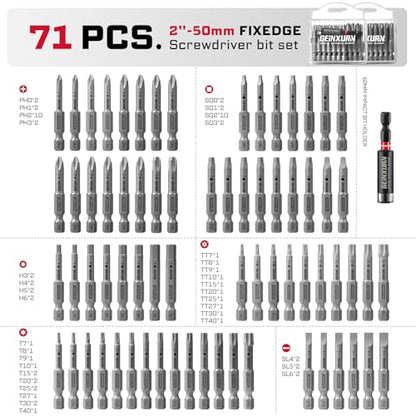 Geinxurn 71Pieces Fixedge Screwdriver Bit Set, 2Inches Magnetic Alloy Steel Phillips/Slotted/Square/Torx/Hex/Security Torx Insert Power Bits Tips with Impact Bit Holder and Portable Storage Cases - style: FXMX050-071