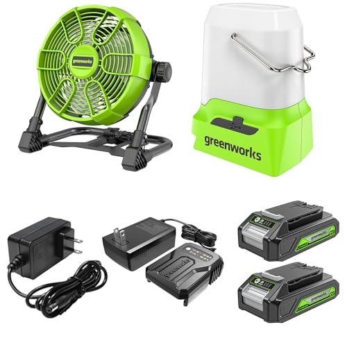 Greenworks 24V 10" (5-Speed) Hybrid Fan (500 CFM) and 500 Lumens Lantern, with 2×2.0Ah Battery and Charger - size: 2PCS Combo Kits(Fan+Camping Light)