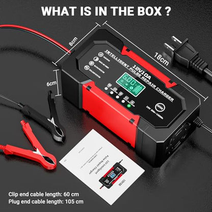 Car Battery Charger 12V 10A Smart Trickle Charger Fully Automatic | Battery Maintainer Temperature Compensation LCD Display 8-Layer Protection Suitable for Car Truck Motorcycle Lawn Mower Boat - color: Black