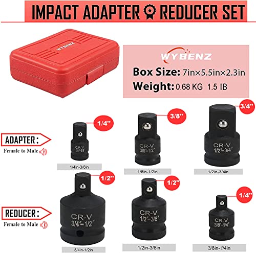 WYBENZ 6PCS Impact Socket Adapter and Reducer Set, 1/4" 3/8" 1/2" 3/4" Impact Adapter Set with Storage Case, Impact Driver & Wrench Conversion Kit Socket Reducer Set Mechanic tools - style: 6 Pcs