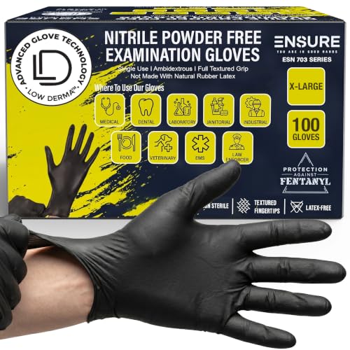 Ensure Black Nitrile Gloves – 7 Mil Heavy-Duty Disposable Gloves, Low Dermatitis, Powder & Latex Free, Puncture & Chemical Resistant for Mechanic, Industrial, Food Service, Medical Use (100, X-Large) - size: X-Large