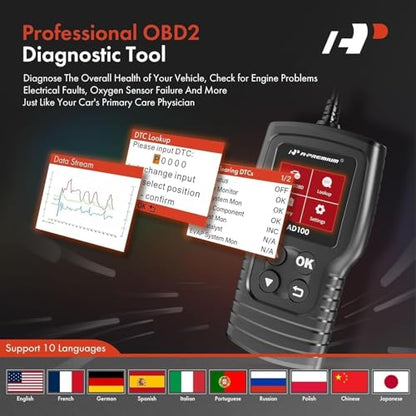 A-Premium AD100 Universal OBD2 Scanner Diagnostic Tool Car Code Reader | OBDII/EOBD/CAN Scan Tool, Check Engine Light/Read Clear Fault Codes/Smog Check/Live Data Stream/Battery Test, For Car 1996+ - style: Basic Scan Tool AD100