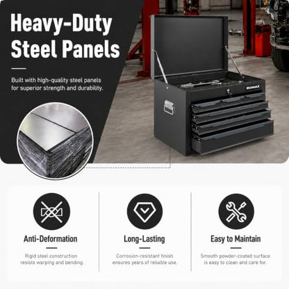 ARNOT Large Metal Tool Box, Tool Box with 6 Drawers & Top Tray, Heavy-Duty Steel Tool Chest with Auto-Locking Drawers and Side Handles for Garage & Workbench (Black) - color: Black