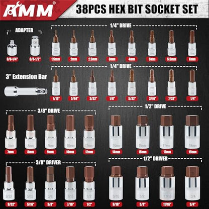 AMM 38PCS Master Allen Socket Set，SAE and Metric Hex Bit Socket Set，1/4"， 3/8"，1/2" Drive，H1.5 ~ H19 & H1/16 ~ H3/4，3/8" Ratchet，Extension Bar and Socket Adapters
