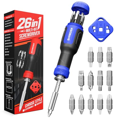 SHARDEN Multi Screwdriver 26 in 1 Screw Driver Set All in One Telescoping Multi Tool with 12 Double Ended CRV Bits Phillips Slotted Torx Hex Portable Repair Kit for Home Furniture Bike Computer - color: Blue, size: Extendable-NonRatchet