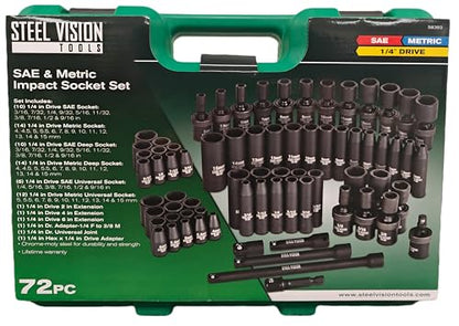 Steel Vision Tools 72-Piece 1/4" Drive SAE & Metric Impact Socket Set, CR-MO Steel, 6-Point Design, Deep & Shallow Sockets, Universal Joint, Extension Bars & Adapters, Black Phosphate Finish - size: 1/4" 72pc
