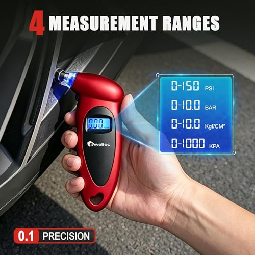 Digital Tire Pressure Gauge,Accurate Cars Air Gauge 150 PSI,2 Pack | 0-150PSI Calibrated,Accurate in 0.1 Increments,4 Measurement Units,Backlight LCD&Nozzle Light,for Everyday Vehicles - color: Red(2PK), size: 2 Pack