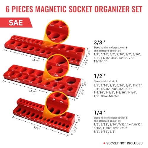 6-Piece Magnetic Socket Organizer Set, Magnetic Socket Holder Includes 1/4", 3/8", 1/2" Drive Metric SAE Socket Trays,Holds Standard and Deep Sockets (6-Piece Magnetic Socket Organizer)
