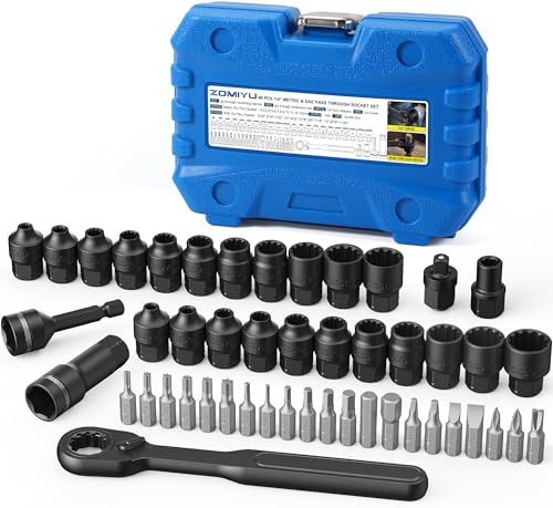 1/4-Inch Drive Pass Through Socket Set, 48-Piece Go-Thru Ratchet Kit, Metric & SAE, Low Profile for Long Bolts & Tight Spaces, Includes Extension Bar & Adapters, Cr-V Steel - size: 48 Pcs