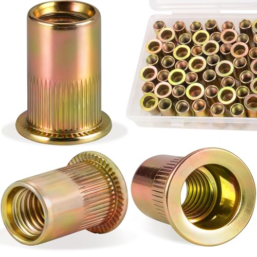 69PCS 3/8"-16 Rivet Nuts Zinc Plated Carbon Steel | 3/8 Rivnuts, Knurled Flat Head nutserts prevent spinning in thin metal, For auto repair & DIY threading without welding - size: 3/8-16 69pcs