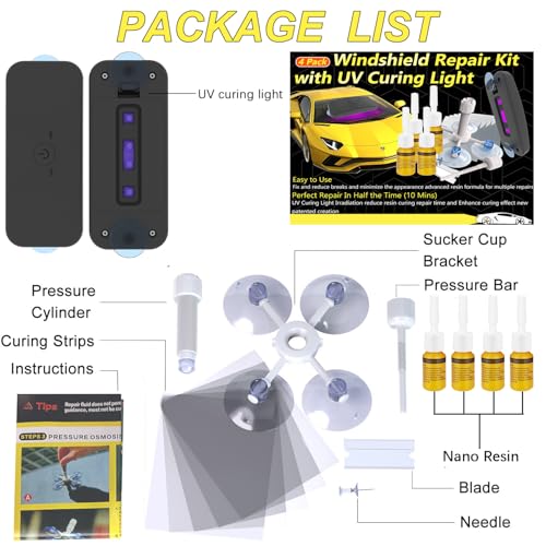 CLAMPER Windshield Repair Kit, Windshield Crack Repair Kit 4 Pcs, Windscreen Repair Kit with Enhanced Injection Head Suction Cup UV Curing Light, Windshield Chip Repair Kit for Bulls-Eye (Yellow) - color: yellow