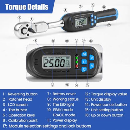 Wisscool Digital Torque Wrench, 5-99.6 ft.lb/6.8-135 N.m | HVAC Torque Wrench with 42mm Jaw, 1/2 Drive Ratchet 3/8 Adapter ±2% Accuracy, Vibration Buzzer, LED Indicator for Split AC - size: Open Head/5-99.6 ft.lb