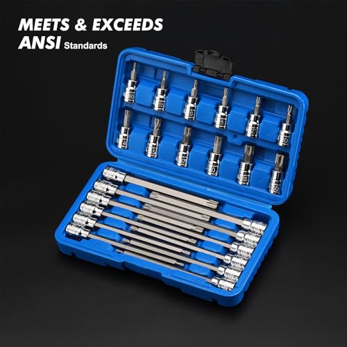 CASOMAN 3/8"Drive Extra Long and Standard Torx Bit Socket Set, 24 Piece Torx Star Bit Set, T10 to T60, Length: 150mm, CR-V & S2 Steel - size: 150mm | 24-piece Set