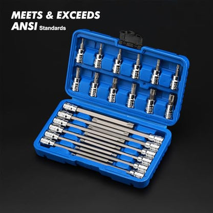 CASOMAN 3/8"Drive Extra Long and Standard Torx Bit Socket Set, 24 Piece Torx Star Bit Set, T10 to T60, Length: 150mm, CR-V & S2 Steel - size: 150mm | 24-piece Set
