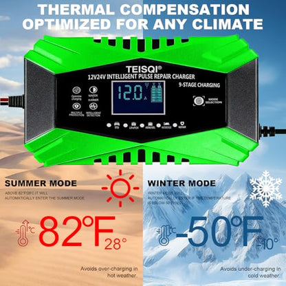 Battery Charger,12-Amp 12V/24V Smart Battery Trickle Charger | Automotive Battery Maintainer Desulfator,with Temperature Compensation,for Car Motorcycle Mower Lead Acid/LiFePO4