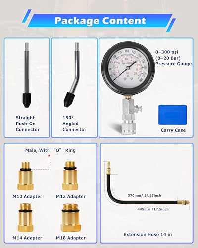 DAYUAN Professional Petrol Engine Compression Tester Kit Set, Blue Case | 8 Pcs, 14mm & 18mm Adapters, Dual Scale Gauge, 0-300 PSI/0-20 Bar, Reinforced Rubber Hose, Universal for Cars Motorcycles - color: Blue