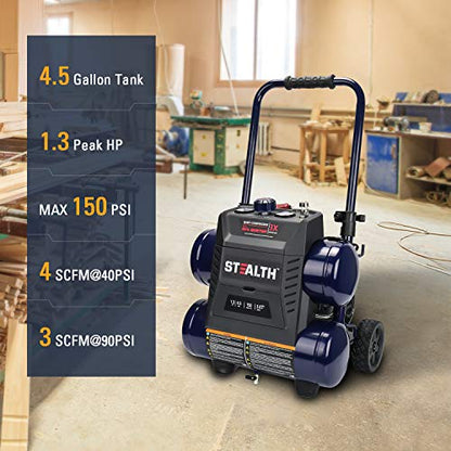 Stealth Quiet Air Compressor with Wheel, 64 Decibel 4.5 Gallon Peak 1.3 HP Max 150 PSI, Oil-Free Air Pump, 3 CFM @ 90 PSI Portable Air Compressor for Garage, Workshop, Jobsite SAQ-1413
