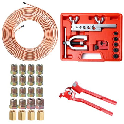 Joyzeal 25ft 3/16" Copper Brake Line Kit,16 Fittings+Double Flaring Tool | Copper-coated steel, corrosion resistant, hand-bendable, 4 unions, fits cars trucks SUVs, multi-material compatible - size: 3/16''