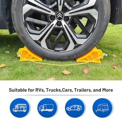 ROBLOCK 4 PCS Wheel Chocks with Rope for Travel Trailers, Non-Slip Grooved Wheel Blocks for RVs, Campers, Trucks, Cars, Boat Trailers, Parking Stabilizer RV Accessories, Easy to Carry, Yellow - size: 4 PCS